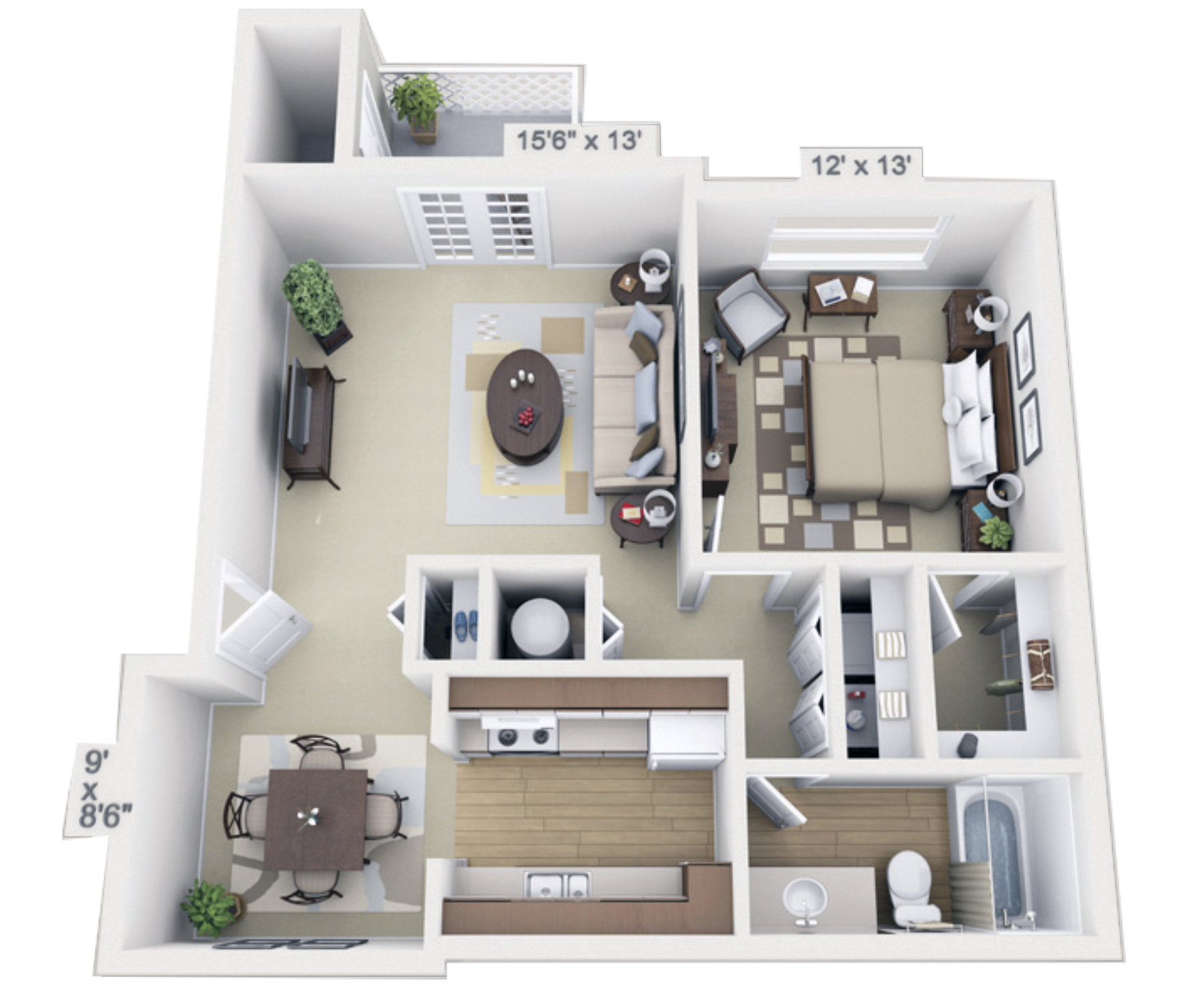 Floor plan for 1 bed, 1 bath, 750 sqft